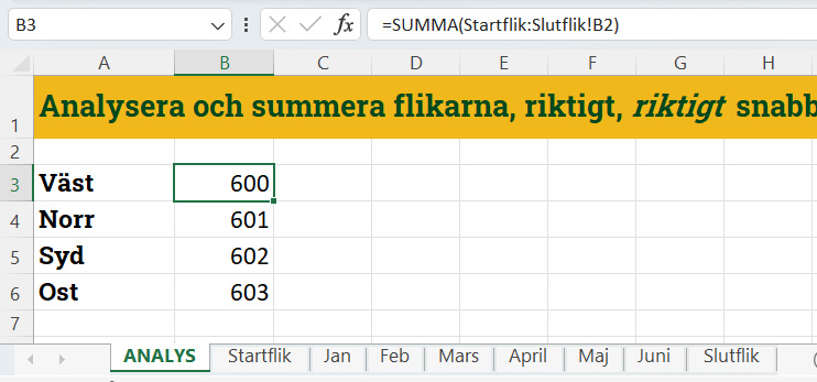 Formeln for att summera flera flikar automatiskt i