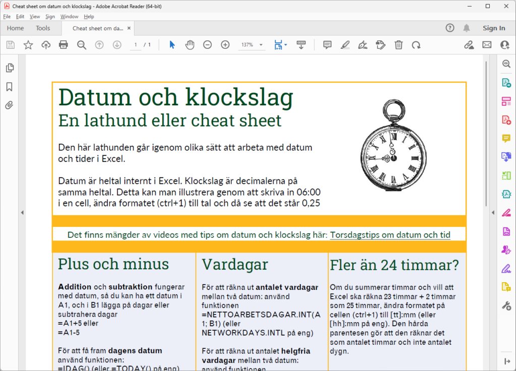 En pdf på en sida som går igenom det viktigaste kring datum och tid i Excel.