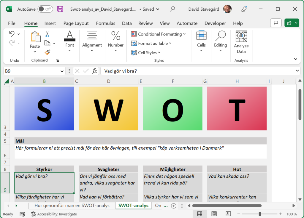 Ett gratis Excel-ark för att göra SWOT-analyser.