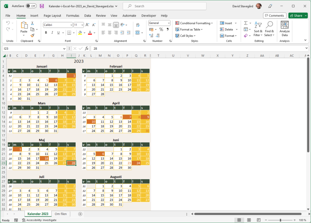 Gratis kalender i Excel för 2023 som passar ett A4 