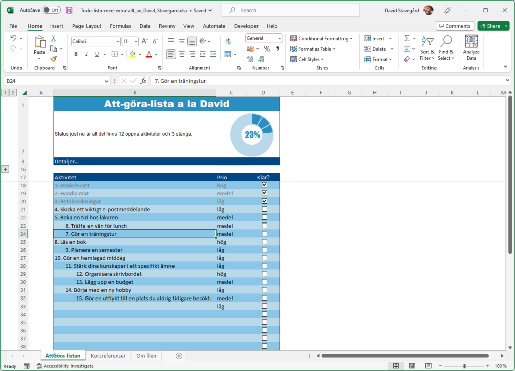 Todolista i Excel – med extra allt