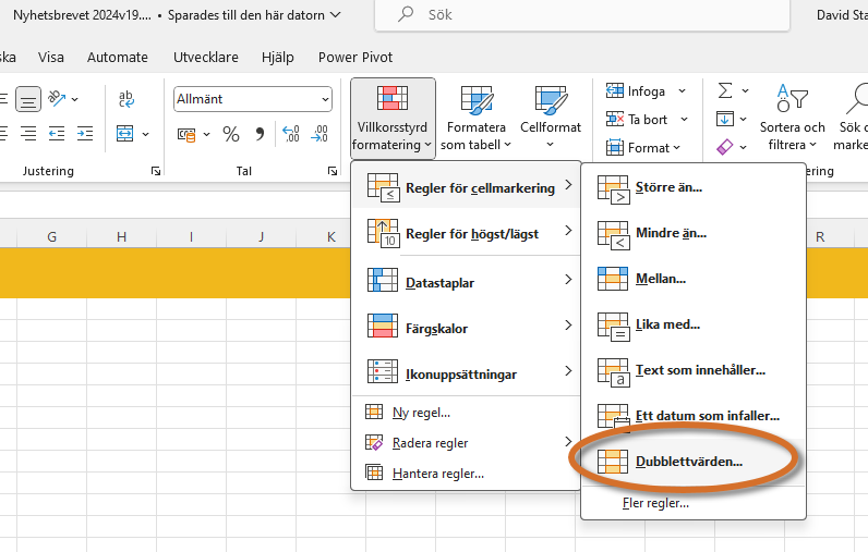 Nyhetsbrevet 2024v19 bild 1 Villkorsstyrd formatering som markerar dubbletter