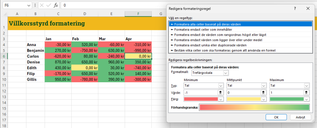 Nyhetsbrevet 2024v19 bild 6 Villkorsstyrd formatering med tre rena olika farger