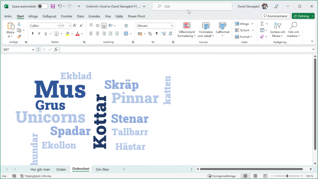 Wordcloud eller ordmoln i Excel av David Stavegard