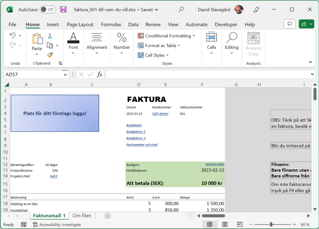 gratis fakturamall i Excel