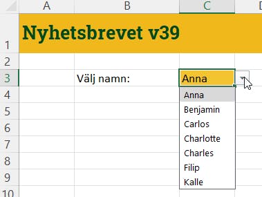 Hjälptext: Här ser man en bild på en dropdown-meny i Excel, alltså en cell där användaren får upp en liten meny i stället för att helt fritt få skriva in vad den vill.
