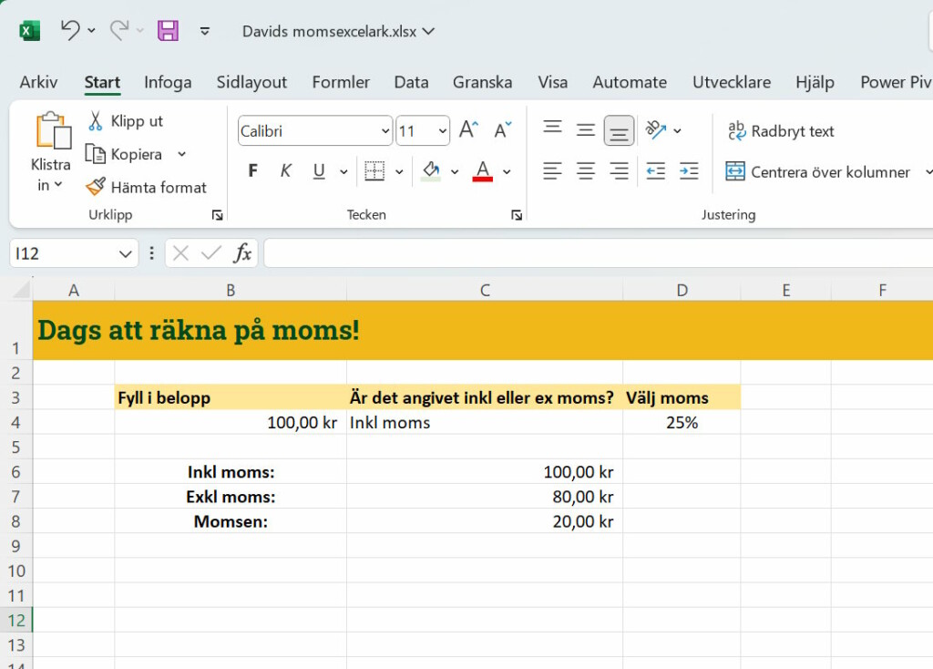 momskalkylator i excel for gratis nedladdning