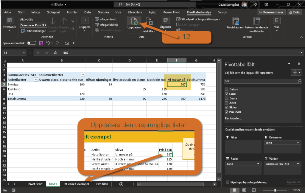 Uppdatera pivottabellen med Alt+F5 eller knappen uppdatera