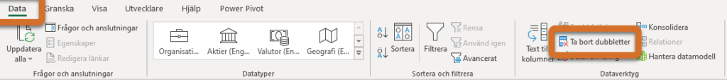 ta bort dubbletter i Excel