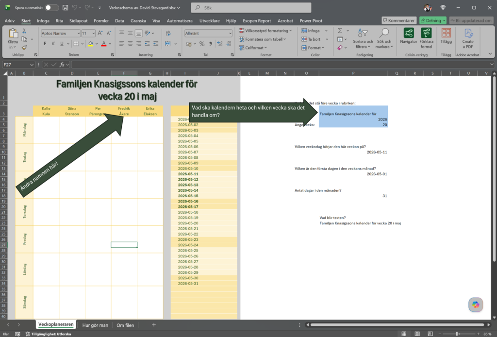 veckoschema i Excel