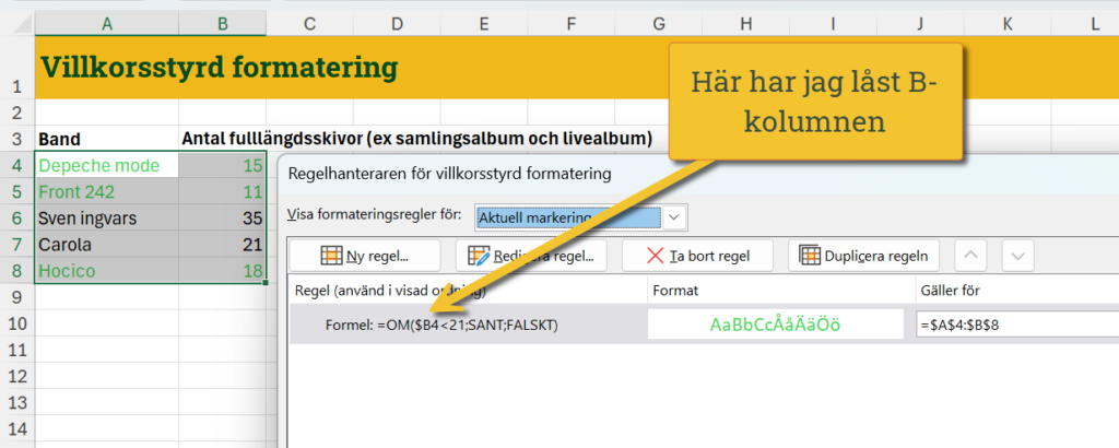 En bild som visar hur formeln ser ut för villkorsstyrd formatering i Excel, där man jämför ett värde med 21 och highlightar alla celler med värden under det