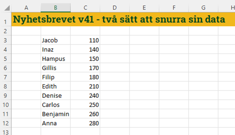 En bild som visar ett antal rader i Excel som man vill ändra så att de blir kolumner.
